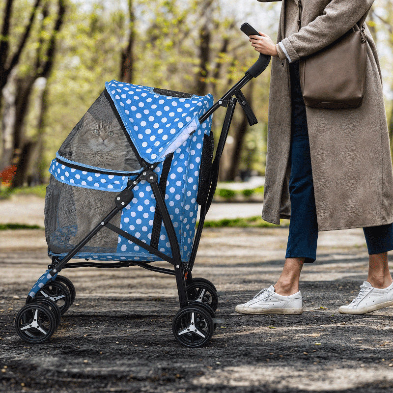 Sky Blue Polka Dot Foldable Pet Stroller with Mesh Windows