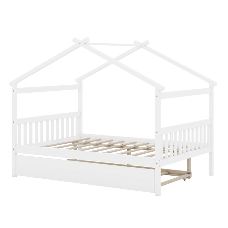 Annais Wooden House Bed with Trundle, Full, White