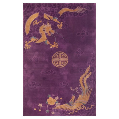 1920s Purple Traditional Dragon Shou Symbols Wool Antique Chinese Art Deco Rug