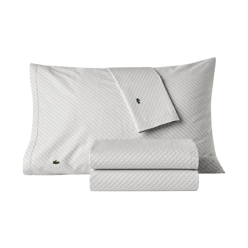 Lacoste Mini Geo 100% Cotton Percale Sheet Set, Gray, Queen Sheet Set with 2 Pillowcases