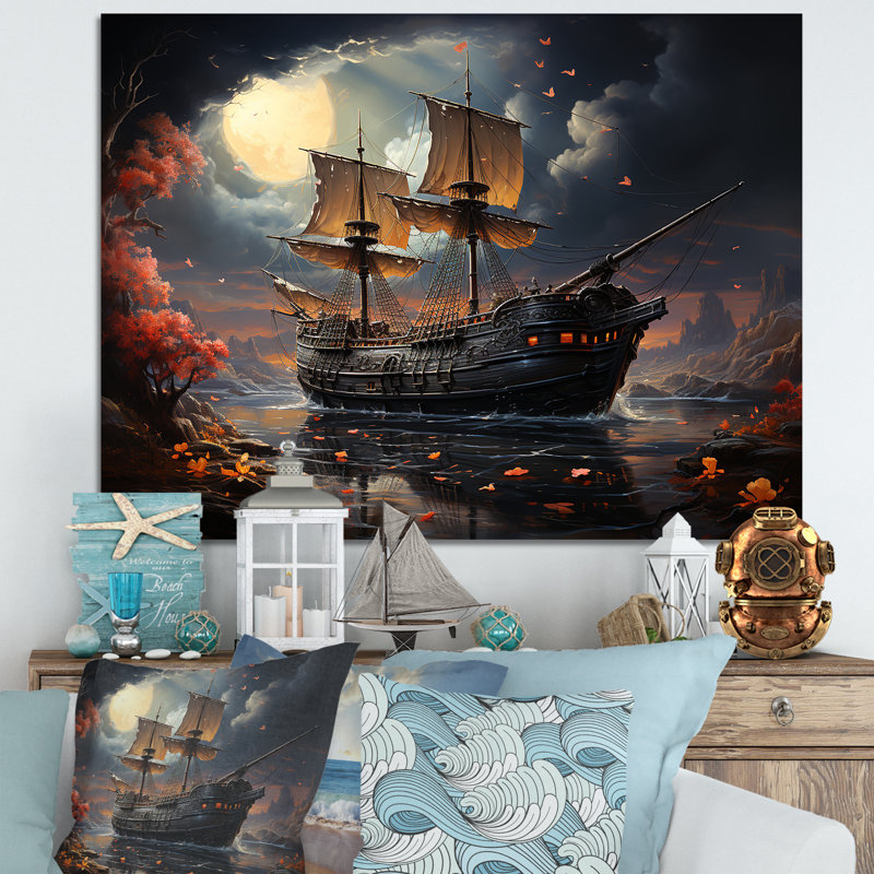 Pirate Ship Nightly Voyage I - Art mural pirate, Toile tendue, H 16 po x l 32 po x P 1 po
