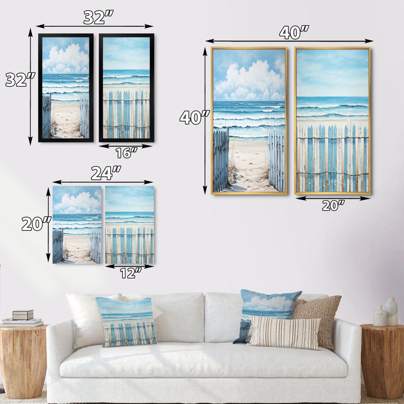 «Coastal Minimalisme Beach Fence», 2 pièces sur toile, Cadre blanc, H 32 po x l 32 po
