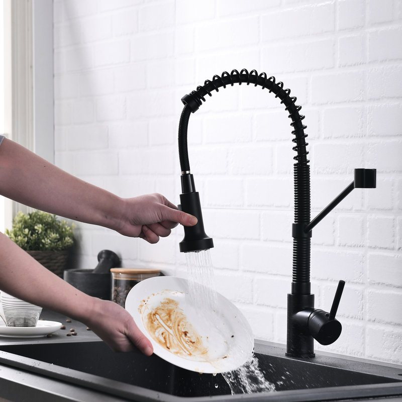 Black Pull Out Kitchen Faucet, Ceramic Filler, Brass, Single Handle, Water Flow Control Contemporary Sink Black, , Hole Temperature Controller