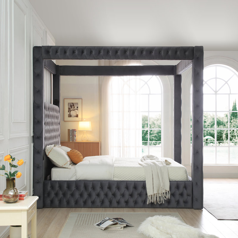 Megghan Luxurious Velvet Upholstered Canopy Bed with Speaker & USB Connection, Grey, King