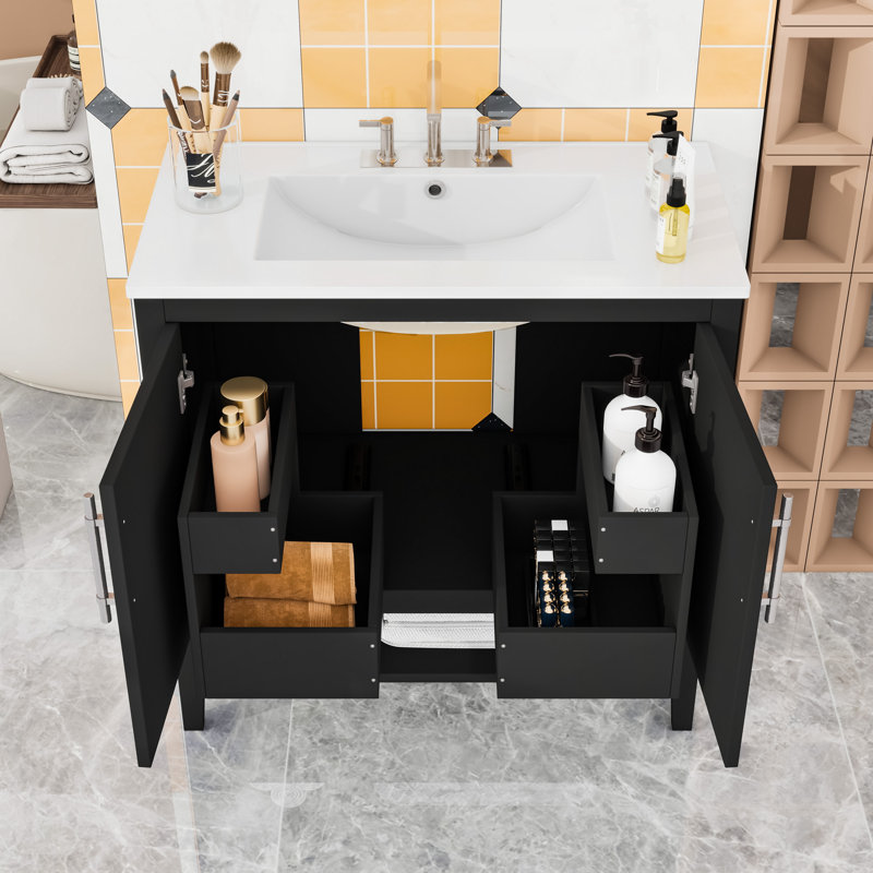 Meuble-lavabo avec lavabo en céramique, 2 tiroirs et tablette inférieure