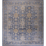 Square Wool 1930s Allover Floral Hand Knotted Pile Large Blue Antique Rug