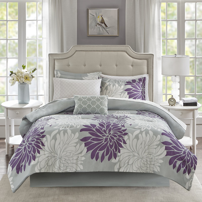 Maible Floral Comforter Set with Cotton Bed Sheets, Cal. King Comforter + 1 Bed Skirt + 2 Shams + 1 Ob, Purple