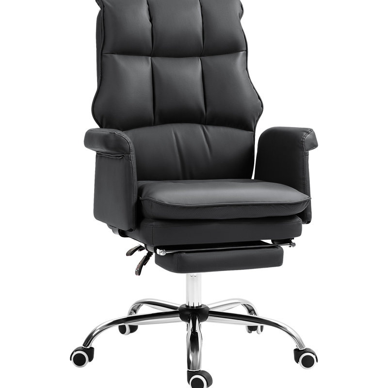 Chaise de bureau en similicuir noir au design ergonomique. Siège réglable de 19,7 po à 22,8 po, dossier inclinable à 155 po, fonction pivotante, repose-pieds, rembourrage épais, facile à nettoyer, capacité de 264 lb et inclinable.