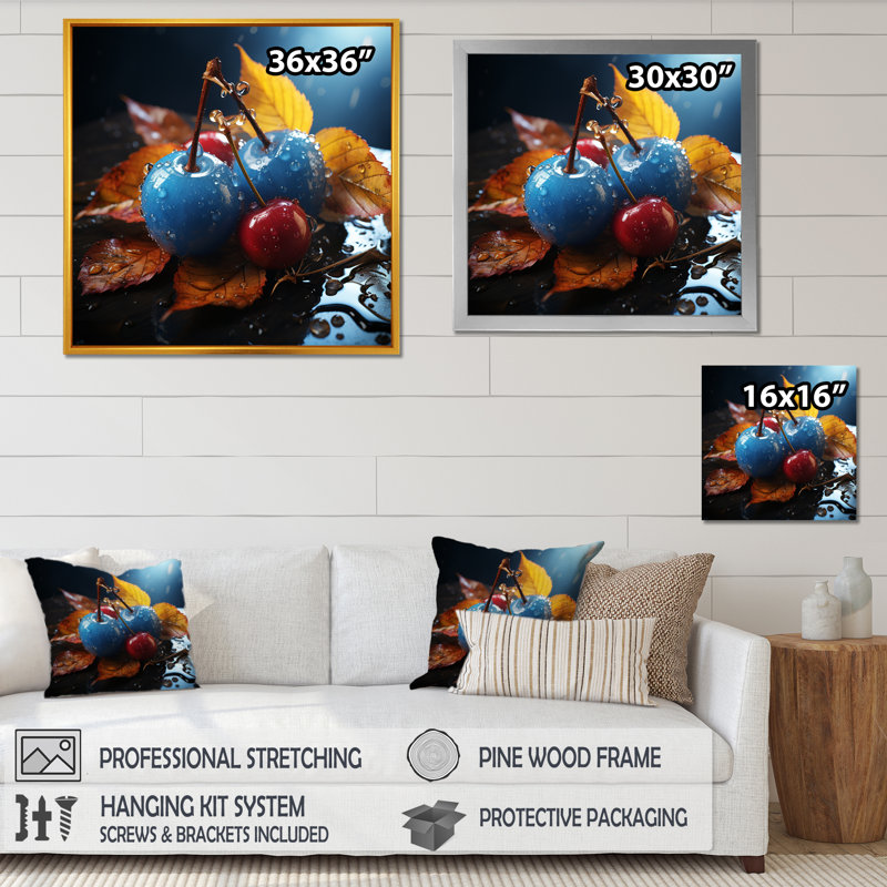 «Blue Autumnal Cherry Glass» - art mural cerise, Cadre simple argenté, H 16 po x l 16 po x P 1 po