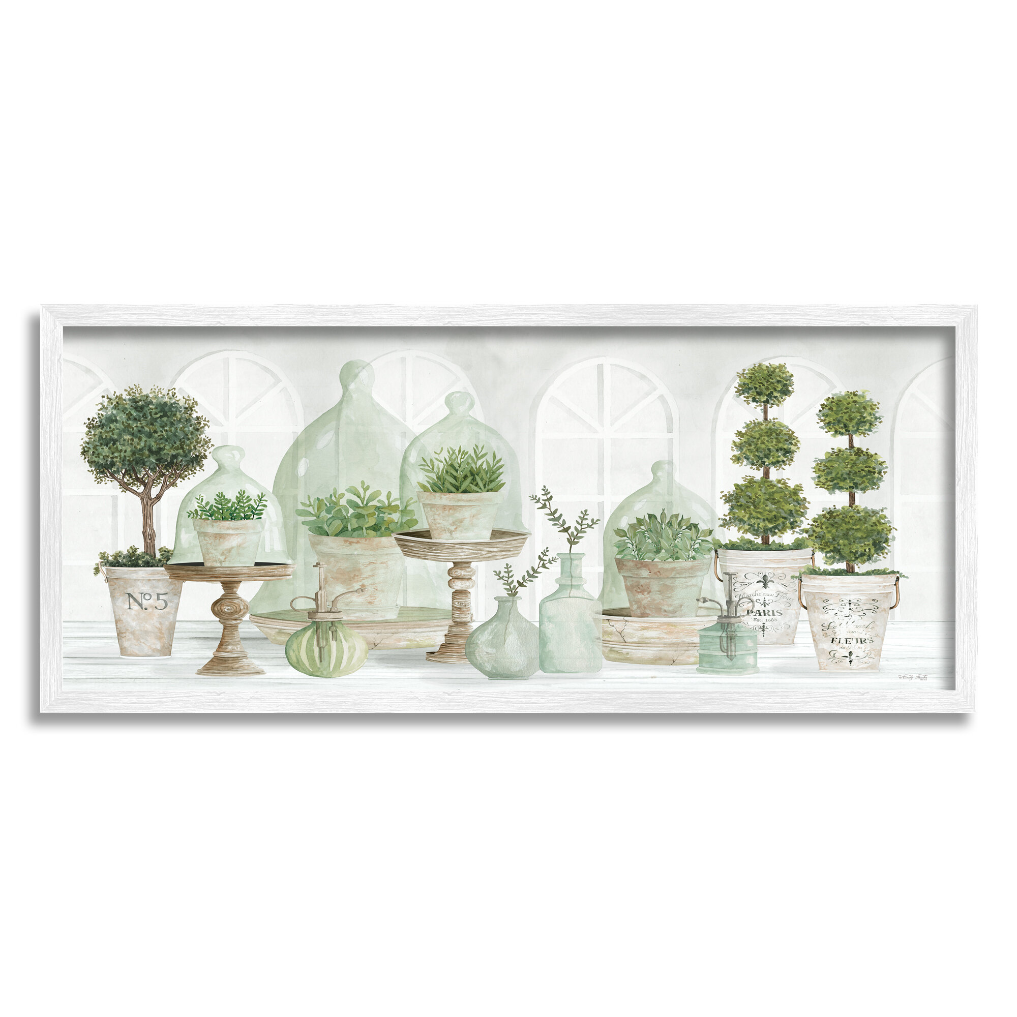 Parisian Plant Tabletop Green Leaves Traditional Cloches White Framed  Giclee Texturized Art By Cindy Jacobs
