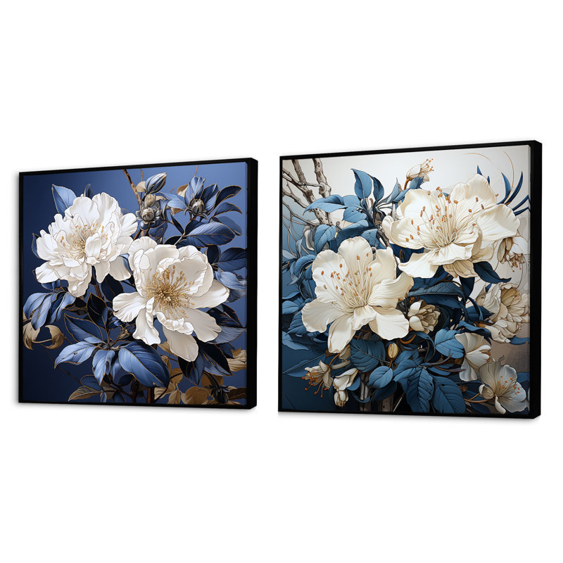 Minimalisme - Bouquet de rhododendrons - Ensemble de 2 collages rhododendrons carrés, Cadre flottant noir, H 16 po x l 33 po