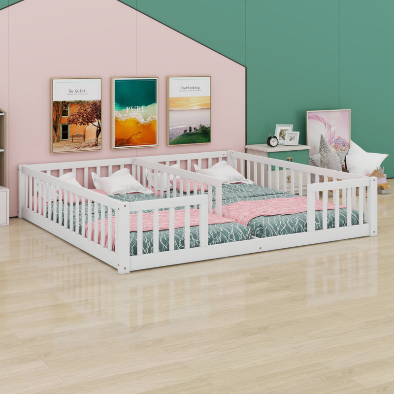 Double Floor Bed With Fence, Guardrails, White
