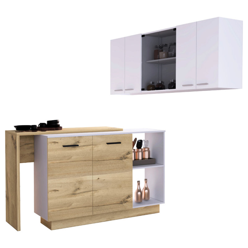 Îlot de cuisine spacieux et armoire murale - blanc et chêne pour vous avec plusieurs espaces de rangement