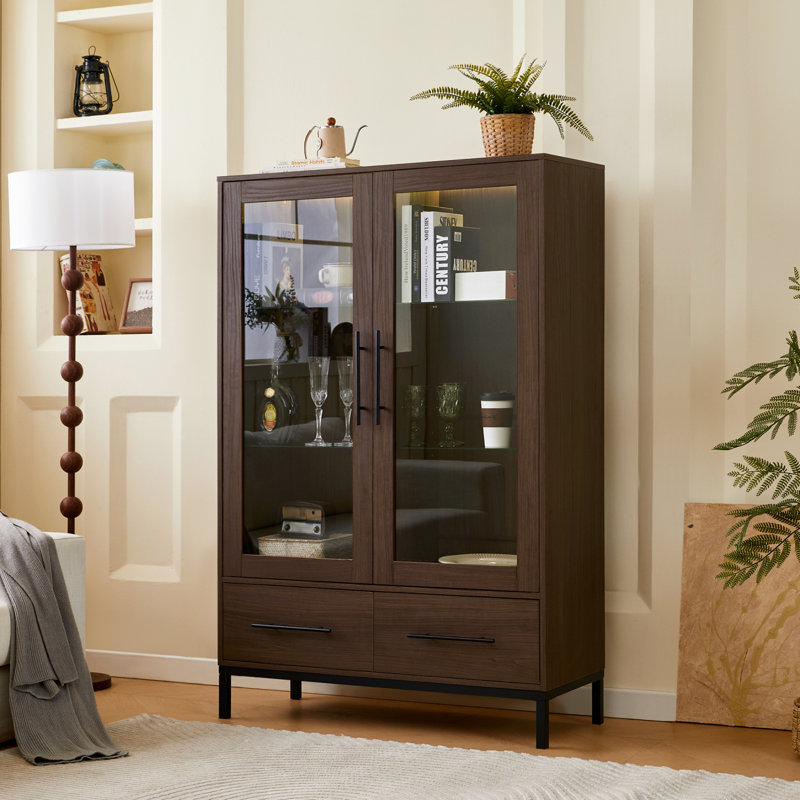 Grande vitrine de 60 pouces avec porte en verre trempé et éclairage DEL pour le salon, Brun