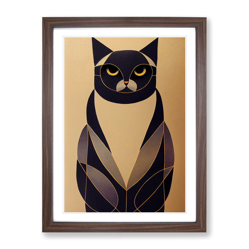 Cat Deco No.3 - Single Picture Frame Print, 34cm H x 25cm W x 2cm D, Brown Framed