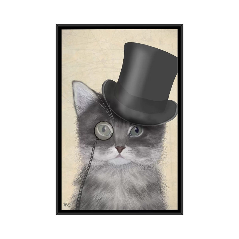 «Cat with Top Hat II», impression sur toile, H 26 po x l 18 po x P 1,5 po, Toile avec cadre noir, Pas de tapis