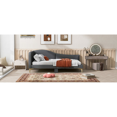 Modern Twin Daybed In Grey With Headboard & Armrest - Upholstery, Versatile Function Linen Upholstery And Structure, Elegant Look