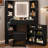 Vanity Desk with Mirror Lights, Storage Bench & Power Outlet, Corner Vanities with Rotating Cabinet & Drawers, 3 Light Settings Vanity Set, for Women Girls-28129883