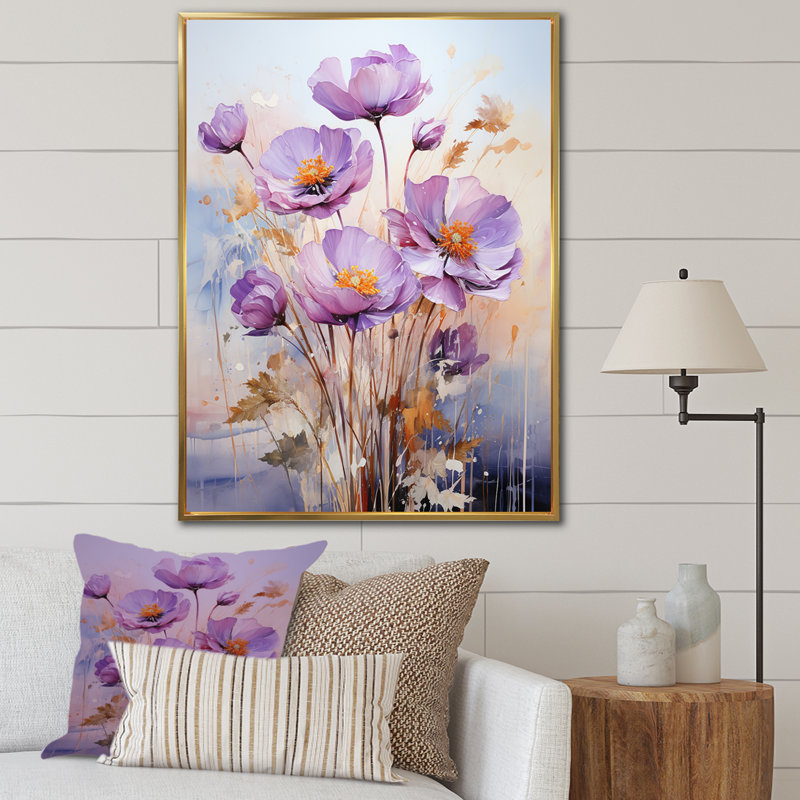 «Purple Buttercups Mystical Moments I», reproduction sur toile, H 32 po x l 24 po x P 1 po, Cadre flottant doré