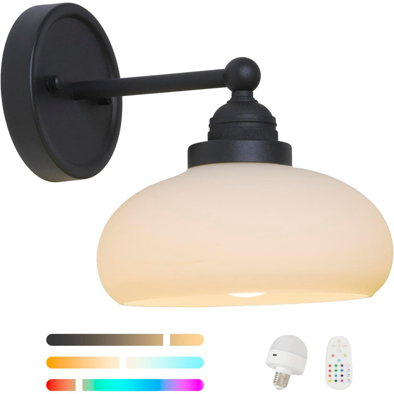 Rechargeable Wall Sconce With Remote Control, 15 Color LED Bulb And Timer, No Hardwiring Matte Black Vintage Wall Light For Indoor Use