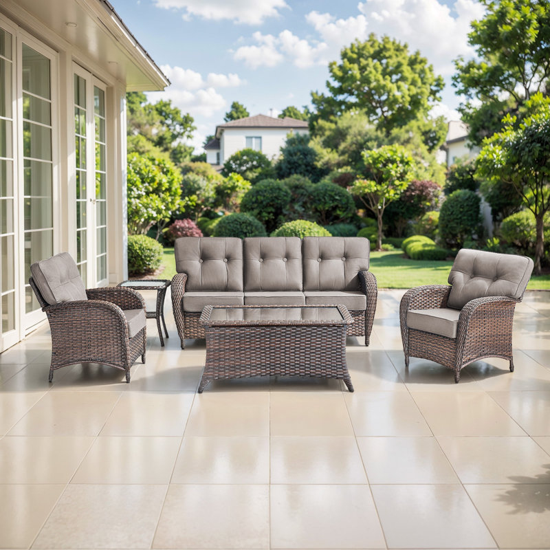 Agnes 5 Piece Rattan Outdoor T-Back Cushions Conversation Set Group With Ottomans, Gray