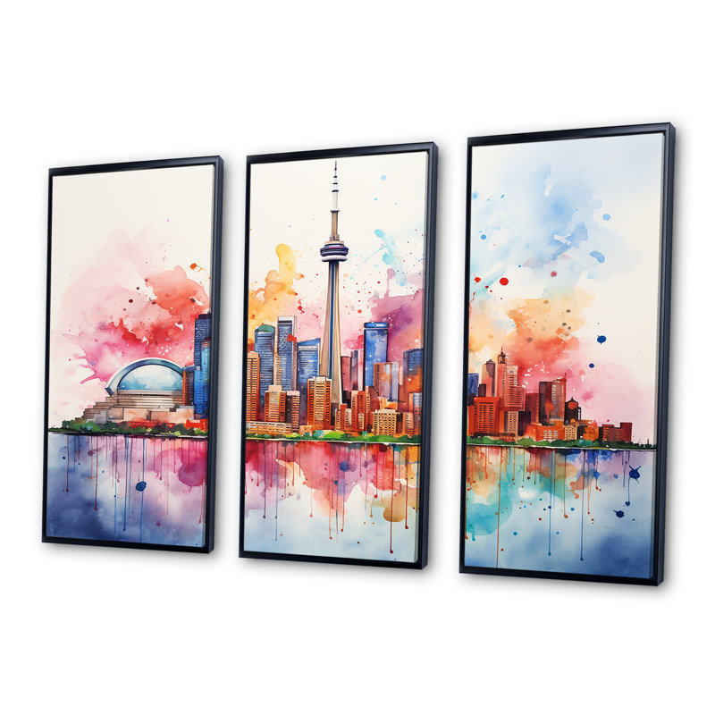Cn Tower Toronto Cityscape Sunset - City Toronto, art mural, H 28 po x l 36 po x P 1 po, Cadre flottant noir
