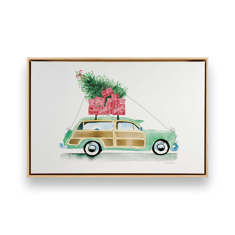 Impression de voiture de Noël rétro, Encadrement brun, H 32,75 po x l 48,75 po x P 1,75 po