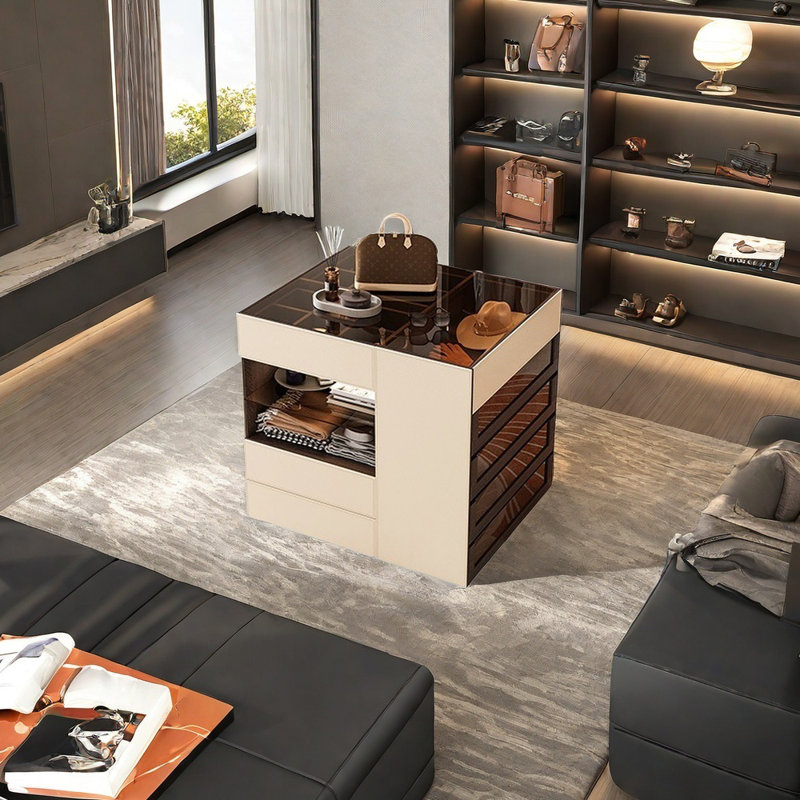Simple vitrine de rangement pour bijoux avec îlot central, Beige