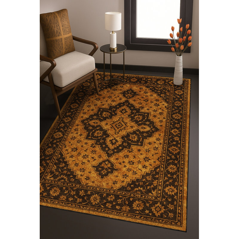 Tapis brun tissé à motif traditionnel lavable Mosso, 3'3" x 9'10"