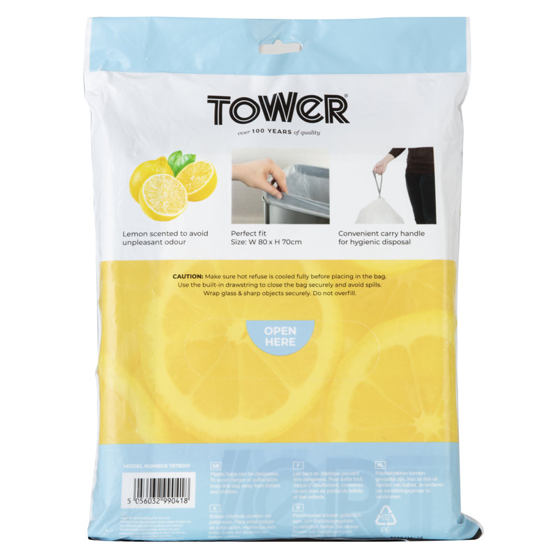 Tower T878000 42-58L Lemon Scented Heavy Duty Drawstring Bin Liners, 20 Pack, White