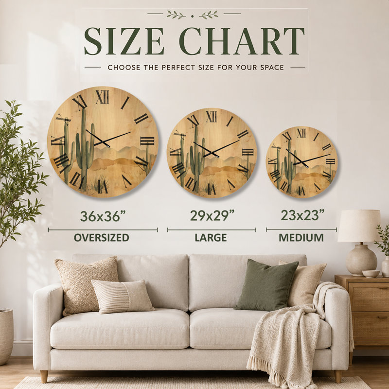 Très grande horloge murale panoramique en bois - Cactus du désert doux, Surdimensionné
