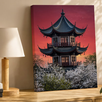 Canvas A Traditional Chinese Pagoda Rises Majestically Against A Vivid Crimson Wall Art Backdrop Its Sweeping Curved Roofs Adorned Canvas Wall Art