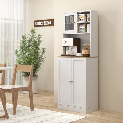 Garde-manger 66,5 po avec support à micro-ondes, armoire de rangement autoportante avec huche, 8 tablettes de porte, tablettes réglables, garde-manger pour salle à manger, blanc, bois