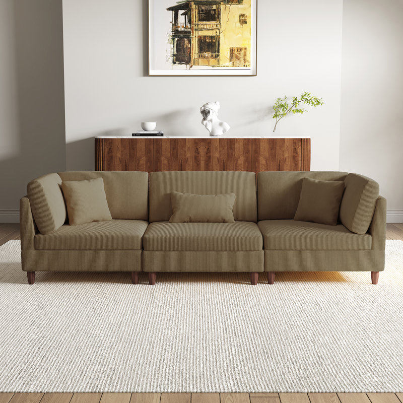 3 - Piece Upholstered Corduroy Modular Sectional with Pillow Back and Solid Wood Legs, Camel