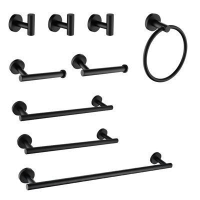 Stainless Steel 9 Towel Rack . Matte Black Wall Mount, Modern Fashion, Scratch-, Easy Install Technique 9 Piece Bathroom - Steel. Luxury, Installation Approach