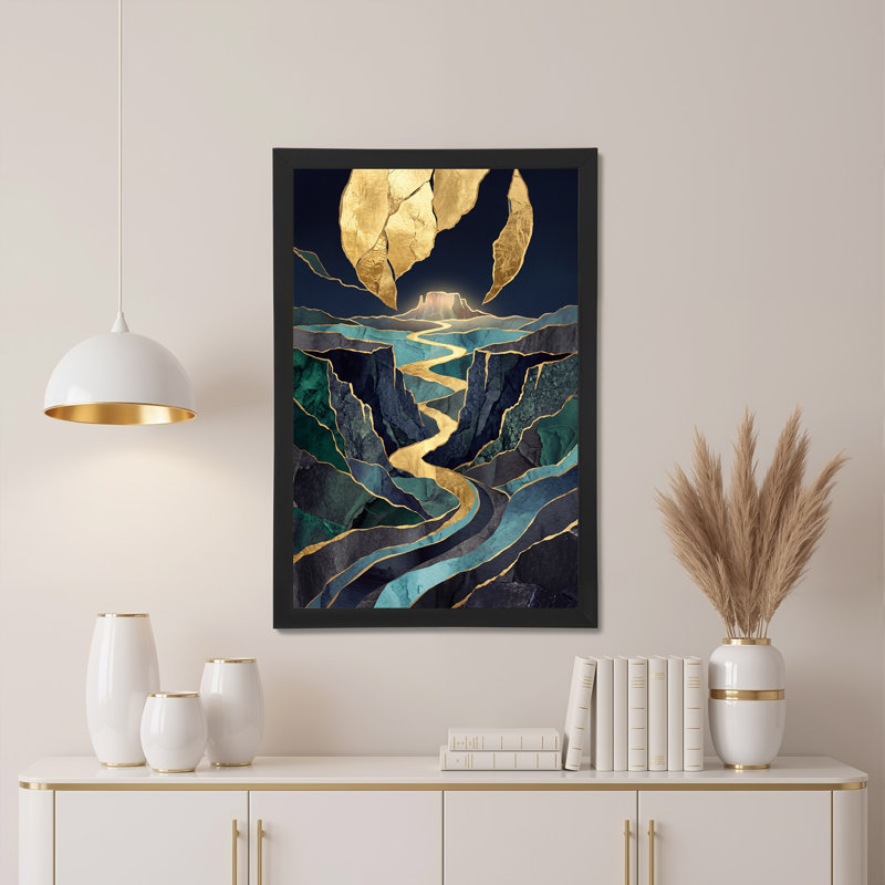 «Teal and Gold Abstract Mountain River», art mural sur toile, 30"H x 20"W