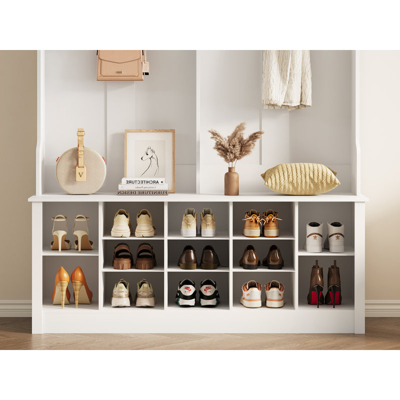 53"W Hall Tree and Shoe Storage Bench with Shelves,Cubbies and Coat Hooks for Foyer, Mudroom, or Entryway, White