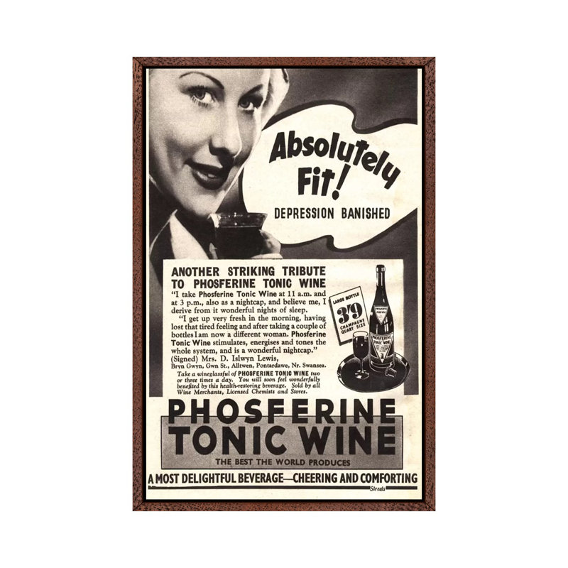 1930s Phospherine Tonic Wine Magazine Ad - Print on Canvas, Classic Brown Wood Floater Framed
