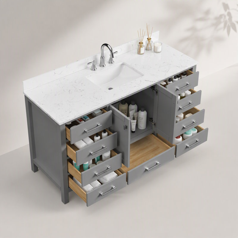 Meuble-lavabo autoportant 60 po avec lavabo simple et cadre en bois massif 60 po gris, Gris