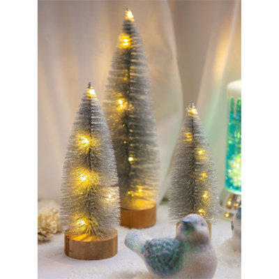 LED Silver Glitter Bottlebrush Trees Set