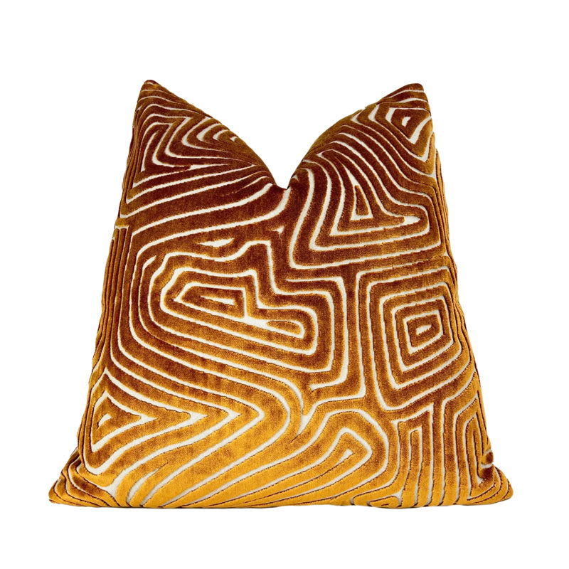 Maze Velvet Throw Pillow Cover, Orange Geometric, 20"H x 20"W