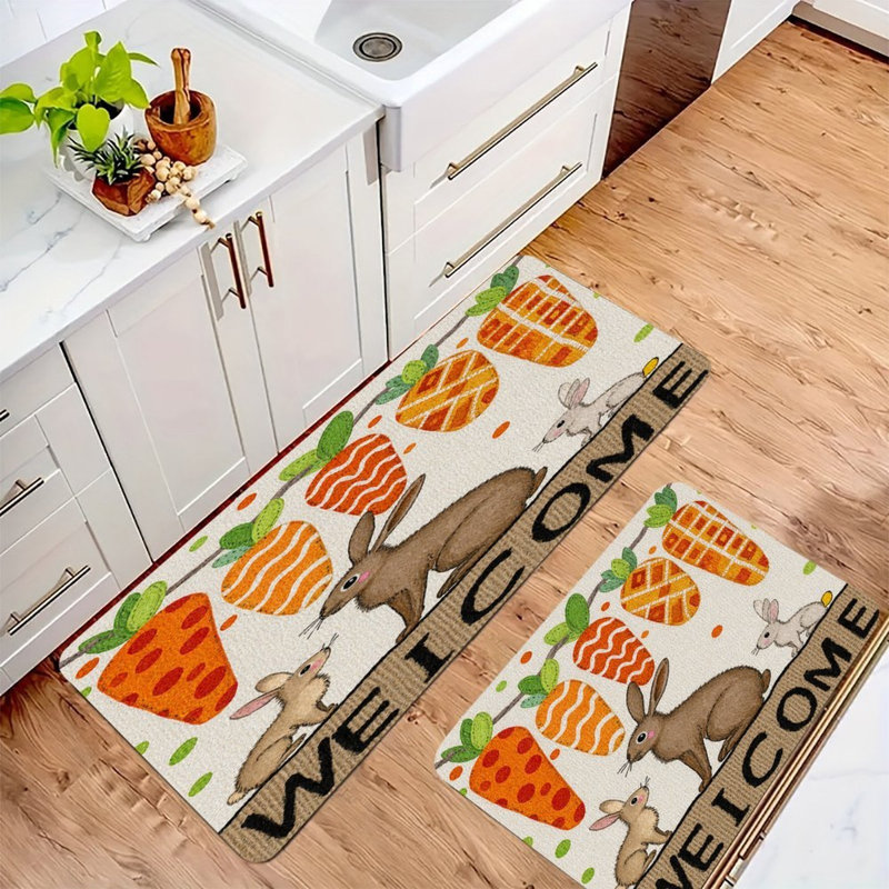 Tapis de cuisine antidérapant 2 pièces Carrot Welcome Bunnies, Lapins de bienvenue beige / orange / brun carotte