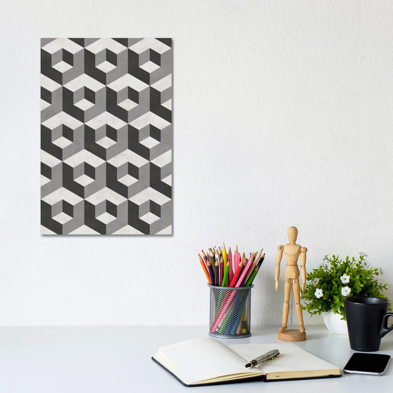 Motif géométrique de cubes 2 - nuances de gris, H 12 po x l 8 po x P 0,75 po