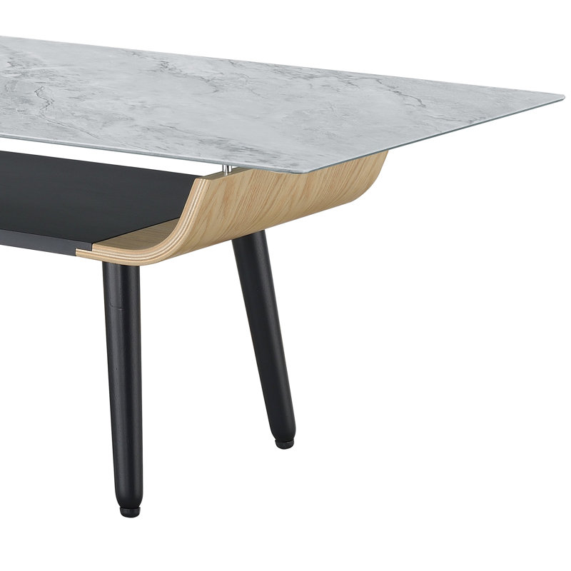 47" Coffee Table With 3-D Printed Surface, Gray Marble & Bent Wood Textured Top, Marble, Solid Black Legs