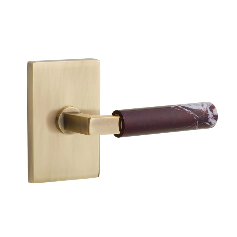 Ensemble de leviers de passage Emtek Select avec rosette rectangulaire et tige carrée en L, levier en marbre Rosso Levanto LH