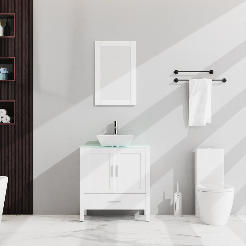 Goodyo 30" Bathroom Vanity And Sink Combo Glass Top Cabinet W/Mirror, White