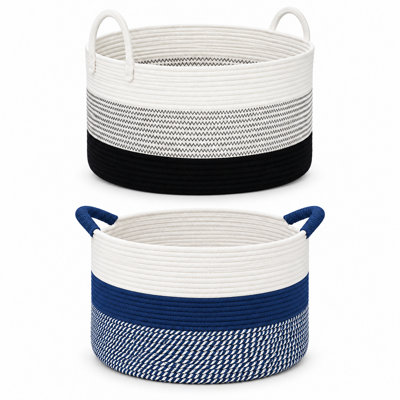 Très grand panier de lit (90L / 67L), 2 paniers, 22 x 13 po et 20 x 13 po, panier de rangement en corde de coton, pour salle de bain de chambre à coucher, panier à linge tissé pour jouets, noir + bleu