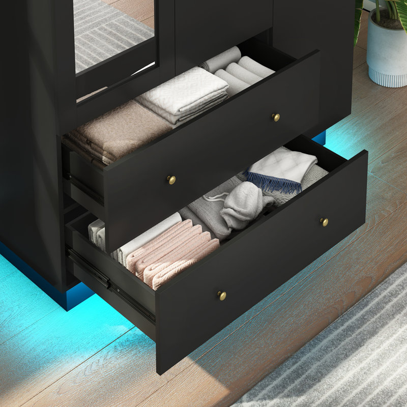 Armoire 3 portes avec 2 tiroirs et tablettes et lumières DEL, Noir