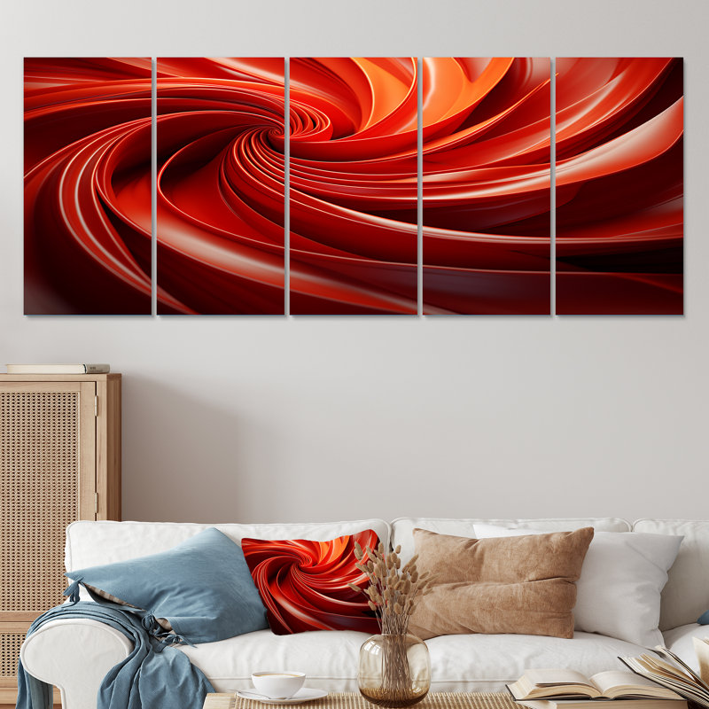 «Orange et rouge abstrait spirale Dreamscape II 5 pièces», 5 pièces, H 32 po x l 80 po