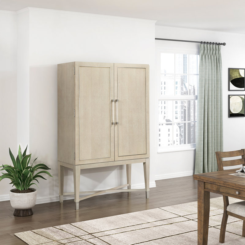Darnasia 42" Modern & Contemporary Oak Bar Cabinet - Mirrored Cabinet Interior with LED Lighting, Built-In Stemware Rack and Glass Shelves